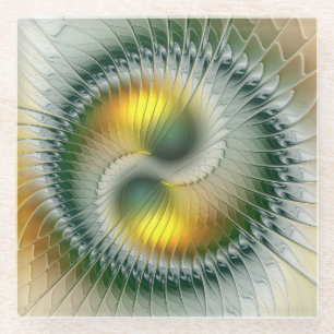 Dessous-de-verre En Verre Yin Yang Vert Jaune Abstrait Fractal Coloré
