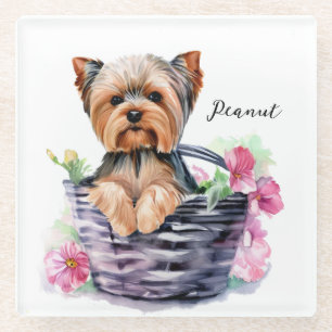 Dessous-de-verre En Verre Yorkie personnalisé dans le panier aquarelle