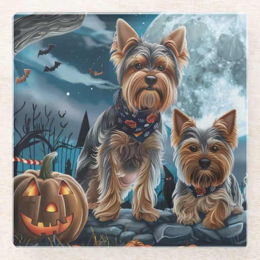 Dessous-de-verre En Verre Yorkshire Terrier Halloween Éffrayant (Devant)