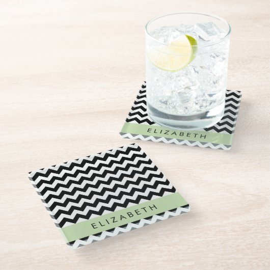 Dessous-de-verre En Verre Zigzag noir et blanc, Motif Chevron, Votre nom (Incliné)