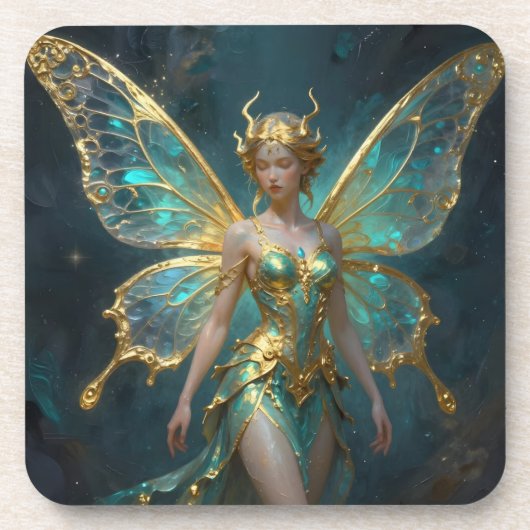 Dessous-de-verre Enchanted Fairy in Gold and Turquoise  (Devant)