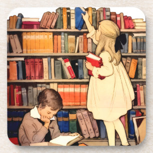 Dessous-de-verre Enfants vintage lisant des livres de bibliothèque