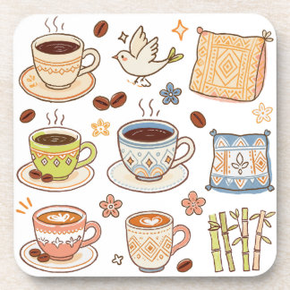 Dessous-de-verre Ensemble de doodles d'art folklorique et de café d