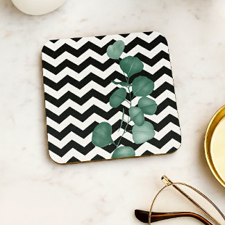 Dessous-de-verre Eucalyptus à l'aquarelle Chevron noir et blanc
