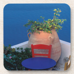 Dessous-de-verre Europe, Grèce, Santorin. Terrasse avec vue sur mer