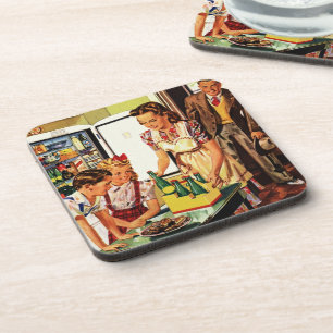 Dessous-de-verre Famille vintage dans la cuisine Maman Papa Enfants