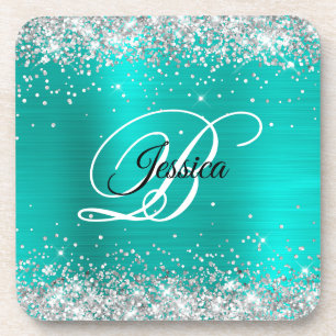 Dessous-de-verre Faux Pailleté Argenté Turquoise Feuille Monogramme