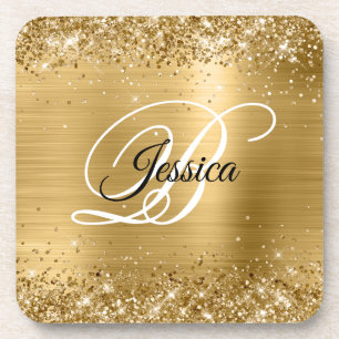 Dessous-de-verre Faux Pailleté Monogramme Doré en Feuille