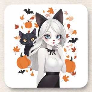 Dessous-de-verre Femme d'Anime avec chat noir.