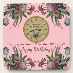 Dessous-de-verre Fête d'anniversaire Horloge vintage avec fleurs