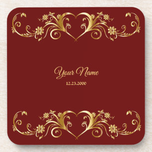 Dessous-de-verre Fête de mariage géométrique élégant rouge doré