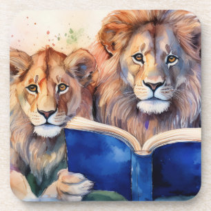 Dessous-de-verre Fierté de lion sobre lisant un grand livre de réta