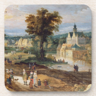 Dessous-de-verre Figures dans un paysage avec le bey de village et