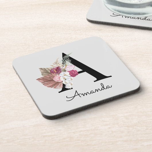 Dessous-de-verre Fille Boho rose moderne Floral Initiale A (Côté gauche)