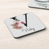 Dessous-de-verre Fille Boho rose moderne Floral V initial (Côté gauche)