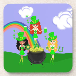 Dessous-de-verre Fille Leprechauns Arc en ciel et Pot d'or