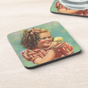 Dessous-de-verre Fille Vintage avec poussin, enfant heureux sourian