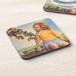 Dessous-de-verre Fille Vintage regardant des oiseaux dans un arbre,