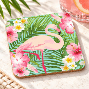 Dessous-de-verre Flamant Rose Tropical Floral Feuilles de Palmier