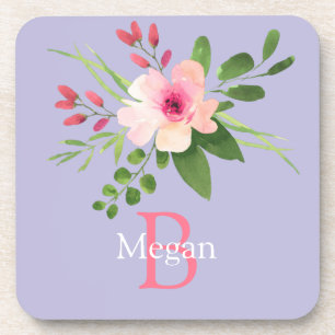 Dessous-de-verre Fleur aquarelle, nom et monogramme sur lavande