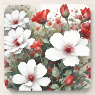 Dessous-de-verre Fleurs blanches et rouges Elégante aquarelle