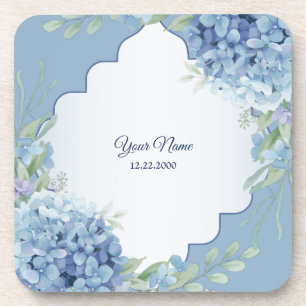 Dessous-de-verre Fleurs Bleues Feuillage Vert Cadre Mariage Fête