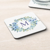 Dessous-de-verre Fleurs botaniques aquarelle bleu vert Monogramme (Côté gauche)