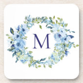 Dessous-de-verre Fleurs botaniques aquarelle bleu vert Monogramme (Devant)