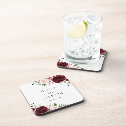 Dessous-de-verre Fleurs Bourgogne, Fleurs roses, Verdure, Mariage (Côté Droit)