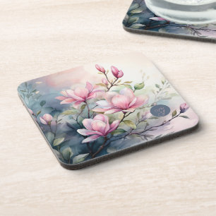 Dessous-de-verre Fleurs de magnolia rose botanique monogrammé
