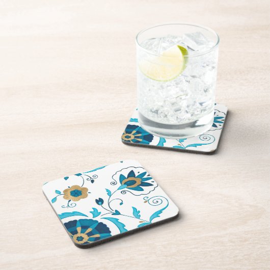 Dessous-de-verre Fleurs Indigo dorées avec Arrière - plan blanc (Côté Droit)