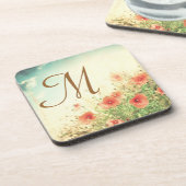 Dessous-de-verre Fleurs roses sauvages dans le champ Monogramme Des (Côté gauche)