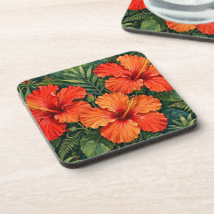 Dessous-de-verre Fleurs tropicales de jungle d'hibiscus orange luxu