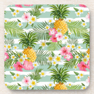 Dessous-de-verre Fleurs tropicales et ananas sur des bandes Turquoi