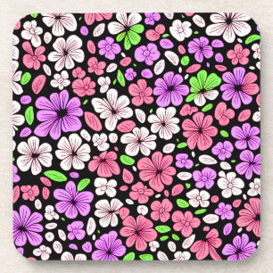 Dessous-de-verre Fleurs violettes et roses et motif de pétales noir