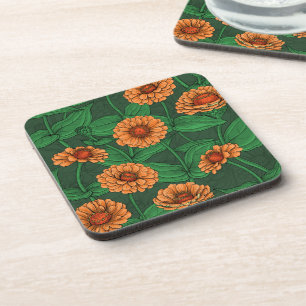 Dessous-de-verre Fleurs Zinnia orange, feuilles verts sur vert fonc