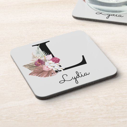 Dessous-de-verre Floral M rose Boho initial monogramme (Côté gauche)