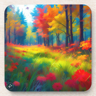 Dessous-de-verre Forêt avec des arbres et des fleurs colorés