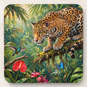 Dessous-de-verre Forêt tropicale Jaguar Colibris Papillons Fleurs