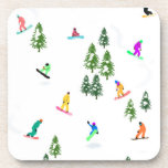 Dessous-de-verre Freeride Snowboarder Illustration de snowboard<br><div class="desc">Illustration fantaisiste cool de snowboarders colorés,  snowboard downhill dans les montagnes parmi les pins,  l'épinette,  sapins sur la poudre de neige fraîche. Le snowboard et le sport de plein air xmas dans une forêt d'hiver. Cadeaux de snowboard. Décor de Noël de snowboard.</div>
