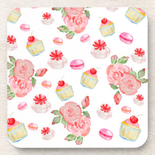 Dessous-de-verre Gâteaux sucrés et roses en aquarelle