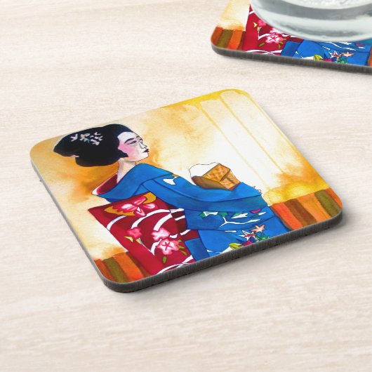 Dessous-de-verre Geisha japonais avec kimono bleu (Côté gauche)