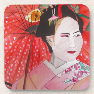 Dessous-de-verre Geisha japonaise avec parapluie rouge art original