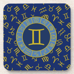 Dessous-de-verre Gemini Zodiac+Astrologie Symboles Motif Gold+Blues