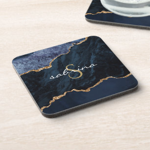 Dessous-de-verre Géode d'agate bleu or monogramme