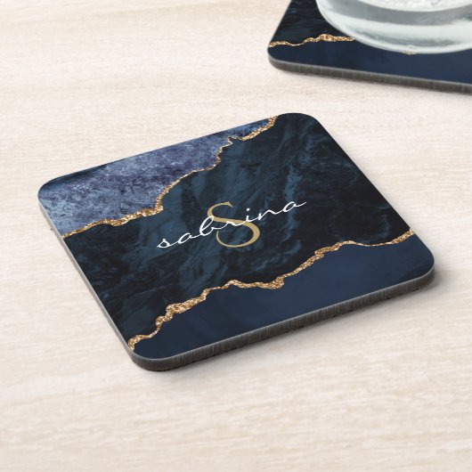 Dessous-de-verre Géode d'agate bleu or monogramme (Côté gauche)