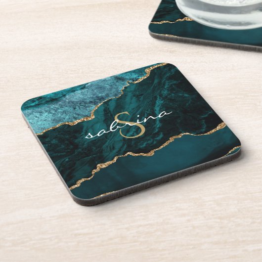 Dessous-de-verre Géode d'agate bleu sarcelle or monogramme (Côté gauche)