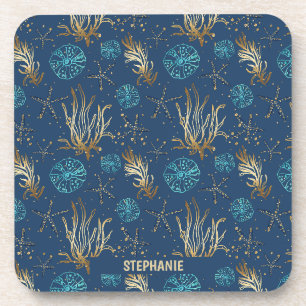 Dessous-de-verre Golden Starfish & Coral Reef Motif sur Blue