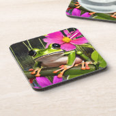 Dessous-de-verre Grenouille mûre sur branche de fleurs roses (Côté gauche)