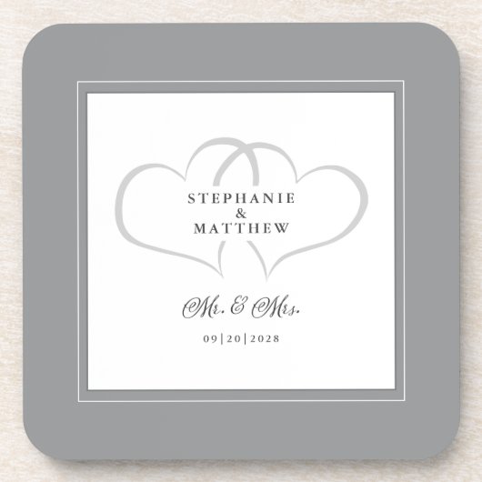 Dessous-de-verre Grey & White Mariage Mr & Mrs Elegant Chic Hearts (Devant)